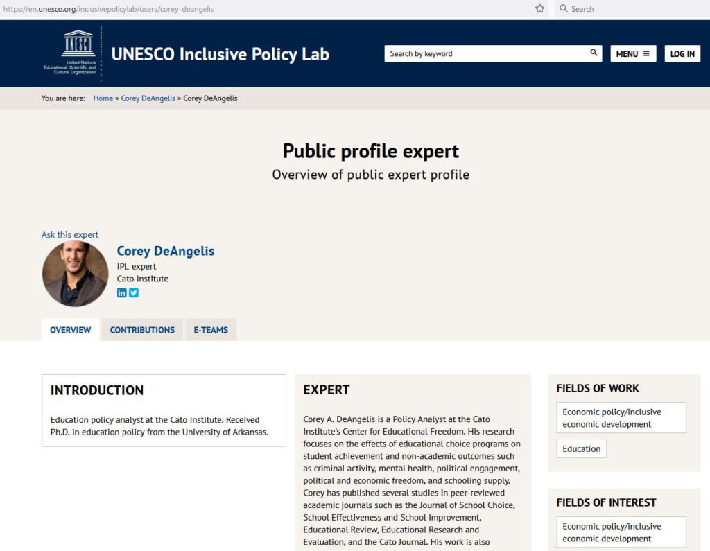 Corey DeAngelis - UNESCO Public Profile Expert. UNESCO Inclusive Policy Lab.